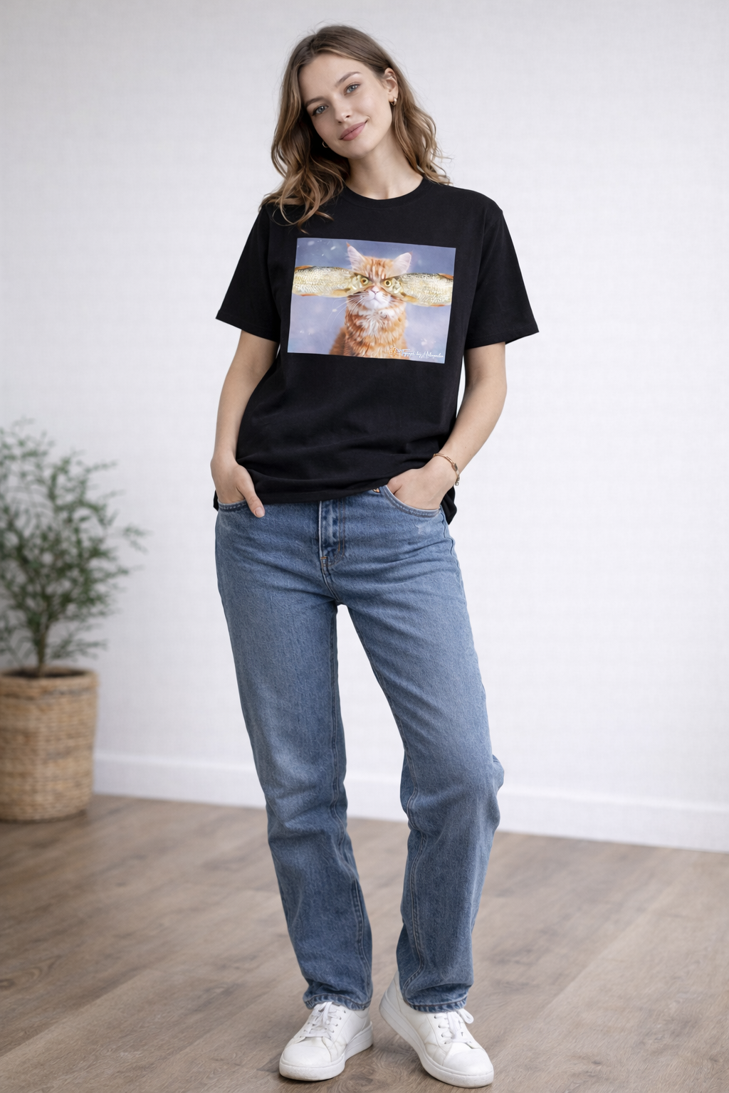 T-shirt met vissenoogmotief en kat