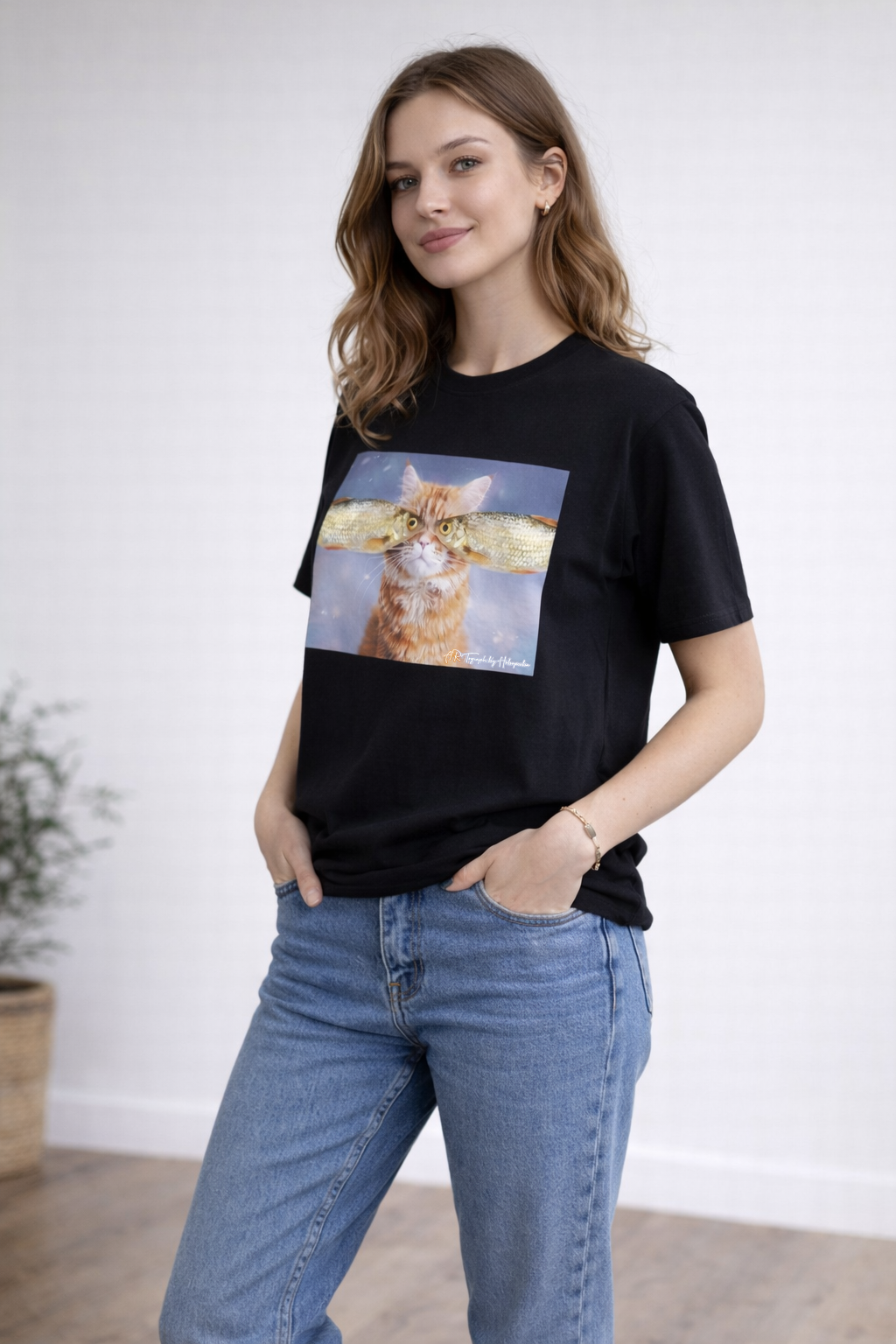 T-shirt met vissenoogmotief en kat