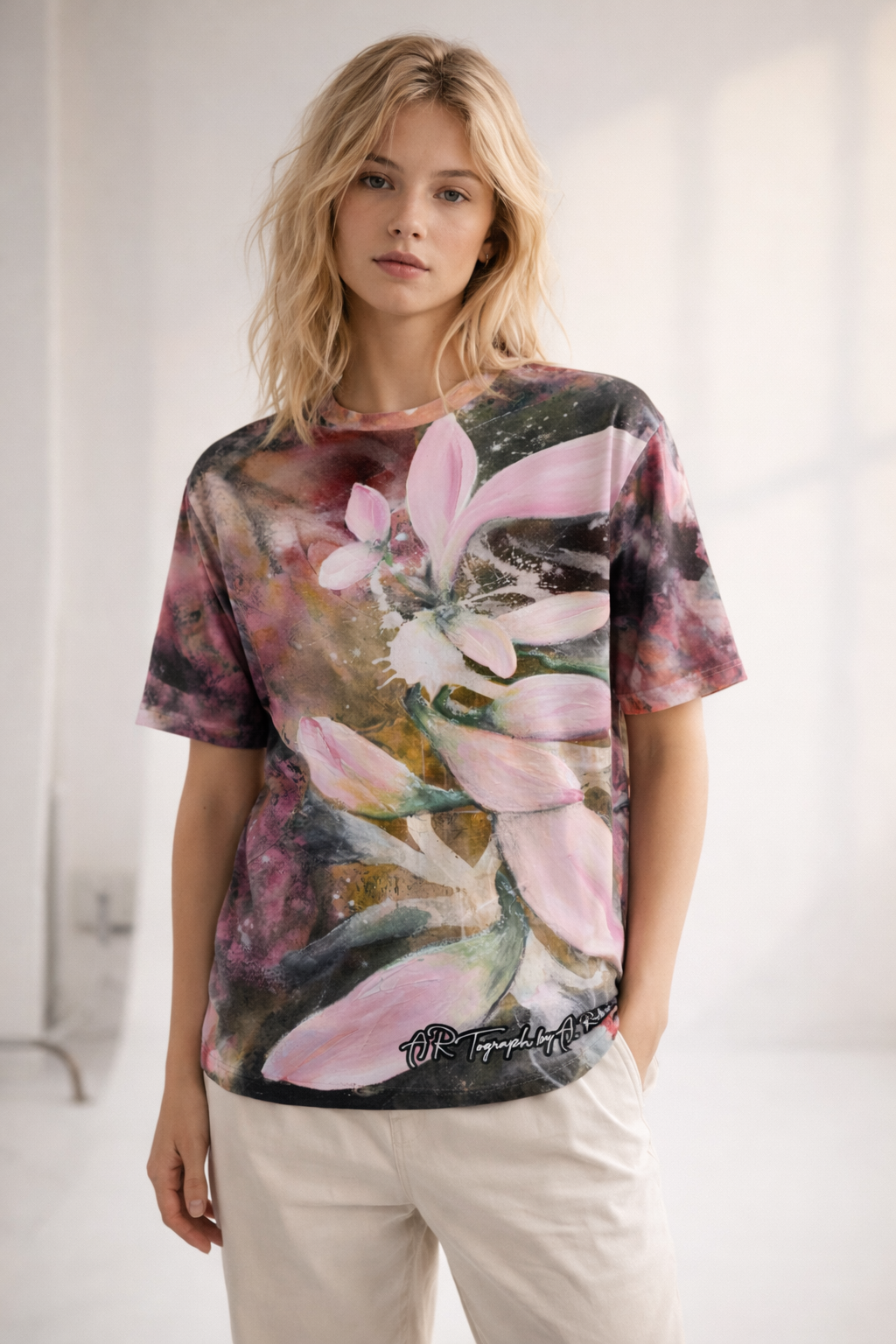 Woman wearing a floral t-shirt with a blurred background