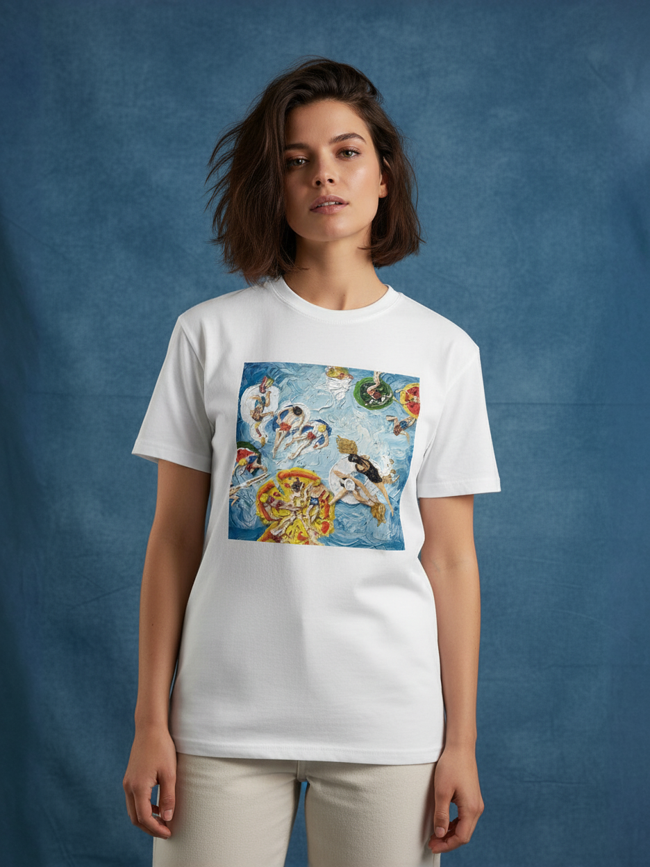 Woman wearing a white t-shirt with a colorful graphic design on a blue background